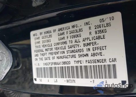 2010 Honda Accord 2.4 Ex-L from USA, damaged, VIN 1HGCP2F88AA138920